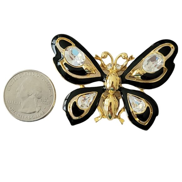 Trifari Gold Tone Clear Rhinestone Black Enamel Butterfly Brooch, Signed M777 - Picture 5 of 8